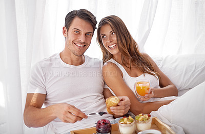 Buy stock photo Breakfast in bed, portrait and morning couple relax with food, love bond and enjoy quality time together. Marriage romance, meal or happy people in hotel bedroom for Valentines Day in Toronto Canada