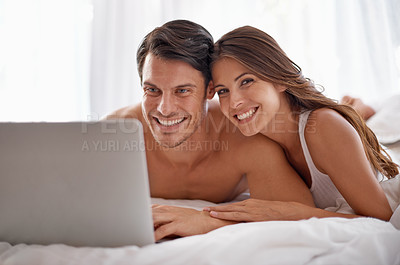 Buy stock photo Love portrait, laptop and bedroom couple relax for morning peace, calm and streaming online Valentines Day movie. Smile, vacation holiday and romantic people bonding on hotel bed in Toronto Canada