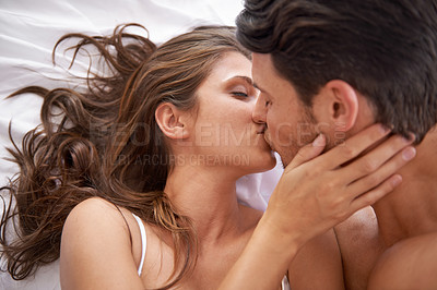 Buy stock photo Love, bed kiss and face of couple relax for morning peace, calm and bonding quality time together in Toronto Canada. Marriage, vacation and romantic people in hotel bedroom for Valentines Day holiday