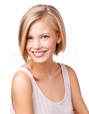 Buy stock photo Woman, portrait and cosmetic beauty in studio with confidence for treatment routine, skin care or white background. Female person, face and dermatology wellness for health, makeup or mockup space