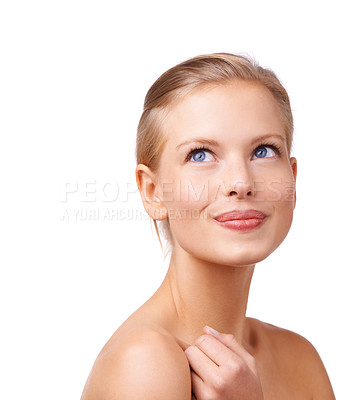 Buy stock photo Skincare, thinking and woman in studio with beauty, natural and face routine for wellness. Ideas, cosmetic and young female person from Australia with facial dermatology treatment by white background