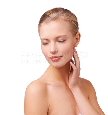 Buy stock photo Skincare, cosmetic and woman in studio with beauty, natural and face routine for wellness. Health, glow and young female person from Australia with facial dermatology treatment by white background.