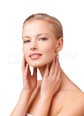Buy stock photo Beauty, portrait and woman in studio with glow, natural and face routine for wellness. Skincare, cosmetic and young female person from Australia with facial dermatology treatment by white background.
