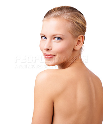 Buy stock photo Portrait, makeup and skincare with back of woman in studio isolated on white background for self care. Face, beauty and aesthetic with confident young person at salon for wellness or dermatology