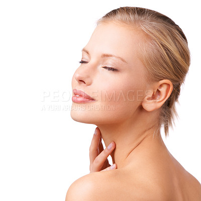 Buy stock photo Happy woman, skincare and makeup cosmetics for beauty or facial treatment on a white studio background. Calm female person or model in relax or satisfaction for soft skin or hygiene on mockup space