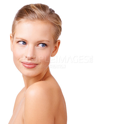 Buy stock photo Face, thinking and beauty with natural woman in studio isolated on white background for wellness. Skincare, vision and cosmetics with confident young model at spa or salon for dermatology treatment