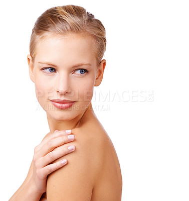 Buy stock photo Face, vision and beauty with shoulder of woman in studio isolated on white background for wellness. Skincare, thinking and cosmetics with aesthetic young model at salon for dermatology treatment
