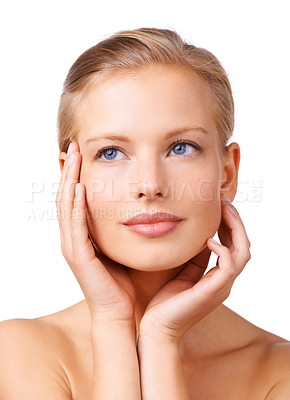 Buy stock photo Woman, face and beauty with makeup for skincare, cosmetics or facial treatment on a white studio background. Young female person or model in dermatology or glow for soft skin, spa or healthy wellness