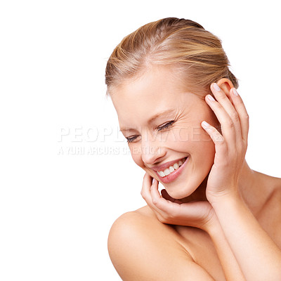 Buy stock photo Happy woman, makeup and beauty with skincare, cosmetics or facial treatment on a white studio background. Face of young female person or model with smile in satisfaction for hygiene on mockup space