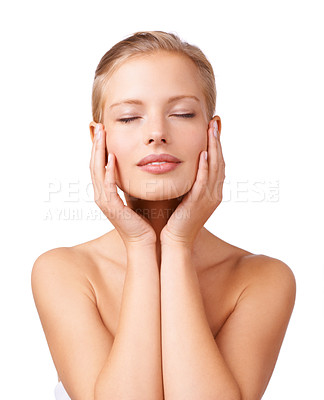 Buy stock photo Woman, relax and skincare with natural beauty for facial treatment, cosmetics or makeup on a white studio background. Face of young female person or model in satisfaction for soft skin or wellness