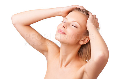 Buy stock photo Woman, relax and hygiene with natural beauty in skincare for facial treatment or salon cosmetics on a white studio background. Face of young female person, blonde or model in satisfaction or haircare