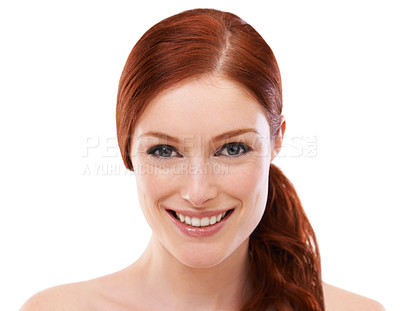 Buy stock photo Studio, happy woman and portrait with red hair for beauty and skincare with collagen or cosmetology. Young model, smile or face for dermatology with foundation or facial treatment by white background