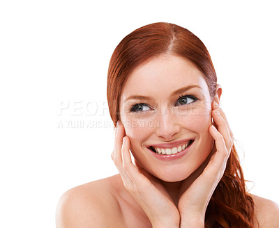 Buy stock photo Studio, happy model and skincare with red hair for beauty and foundation with collagen or cosmetology. Young woman, smile and glow of dermatology with make up and facial treatment by white background