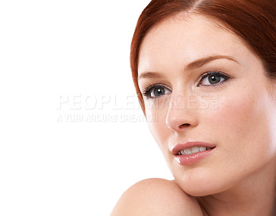 Buy stock photo Studio, happy woman and thinking of red hair of dye treatment, cosmetology and skincare for beauty with freckles. France model, idea and dermatology for makeup and collagen facial by white background
