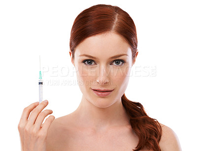 Buy stock photo Woman, portrait and injection syringe or filler cosmetics for anti aging dermatology, plastic surgery or white background. Female person, needle and facelift or wrinkles in studio, cosmetic or mockup