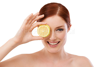 Buy stock photo Woman, smile and lemon for skincare in studio with beauty, glow or hydration benefit on white background. Portrait, cosmetic and face with citrus fruit for vitamin c, dermatology and self care