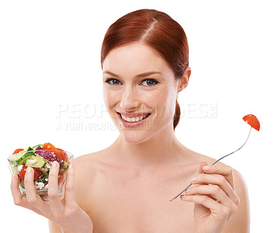 Buy stock photo Woman, salad and healthy eating as portrait in studio or nutrition vegetables for diet, wellbeing or white background. Female person, dinner and vegan snack for wellness lunch, lose weight or mockup