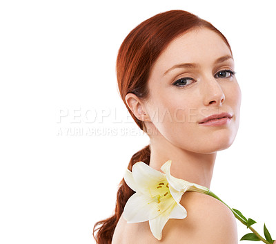 Buy stock photo Beauty shot of a young woman with cosmetics against a white background