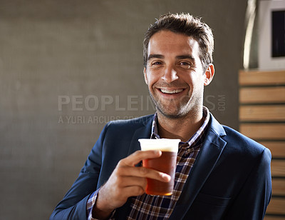 Buy stock photo Business man at pub, smile with beer in portrait and relax, social time or event with professional person at bistro. Hospitality industry, male customer at restaurant and enjoying alcohol drink