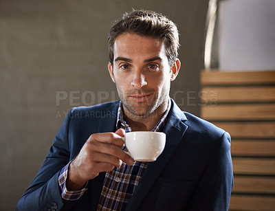 Buy stock photo Business man at cafe, coffee and portrait, serious person relax on lunch break and social time. Hospitality industry, professional male customer at restaurant with confidence and cup with espresso