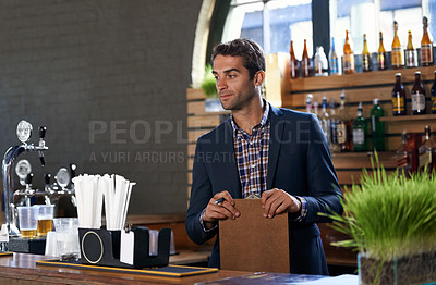 Buy stock photo Restaurant, stock or man with checklist for small business logistics, inventory or menu update on clipboard. Startup, pub info or manager thinking of sale price for retail order in diner cafe or bar