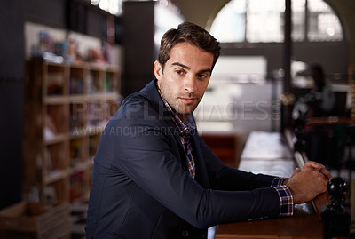 Buy stock photo Businessman, table and thinking in pub to plan project for restaurant, service and event. Male person, entrepreneur and bar counter with deep thoughts, vision and ideas for hospitality industry