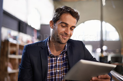 Buy stock photo Digital, happy man with tablet and in coffee shop or restaurant. Social media or communication, technology or networking for remote work and male person in cafe store or local pub on mobile device