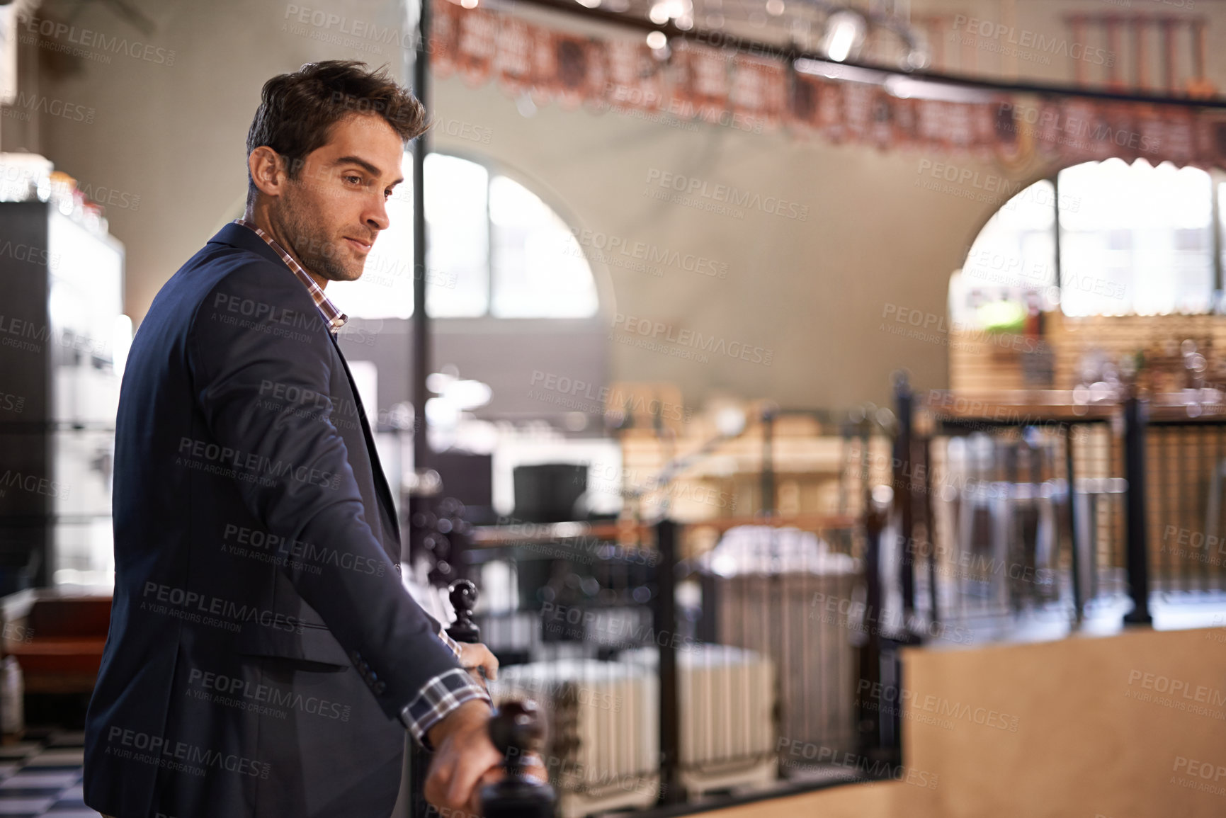 Buy stock photo Businessman, break or thinking in cafe to relax for daydreaming of opportunity and ideas. Entrepreneur, customer or confident person in coffee shop with vision in pub, restaurant or bar by railing