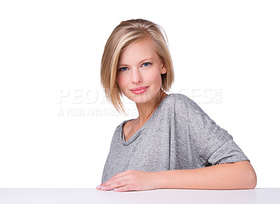 Buy stock photo A studio portrait of a beautiful young woman, isolated on white