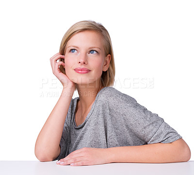 Buy stock photo Woman, studio and thinking with smile, hand and planning for daydreaming or decisions. Model, ideas and vision with thoughts, nostalgia or pondering with question isolated on white background