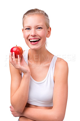 Buy stock photo Portrait of a beautiful young woman holding an apple in her hand
