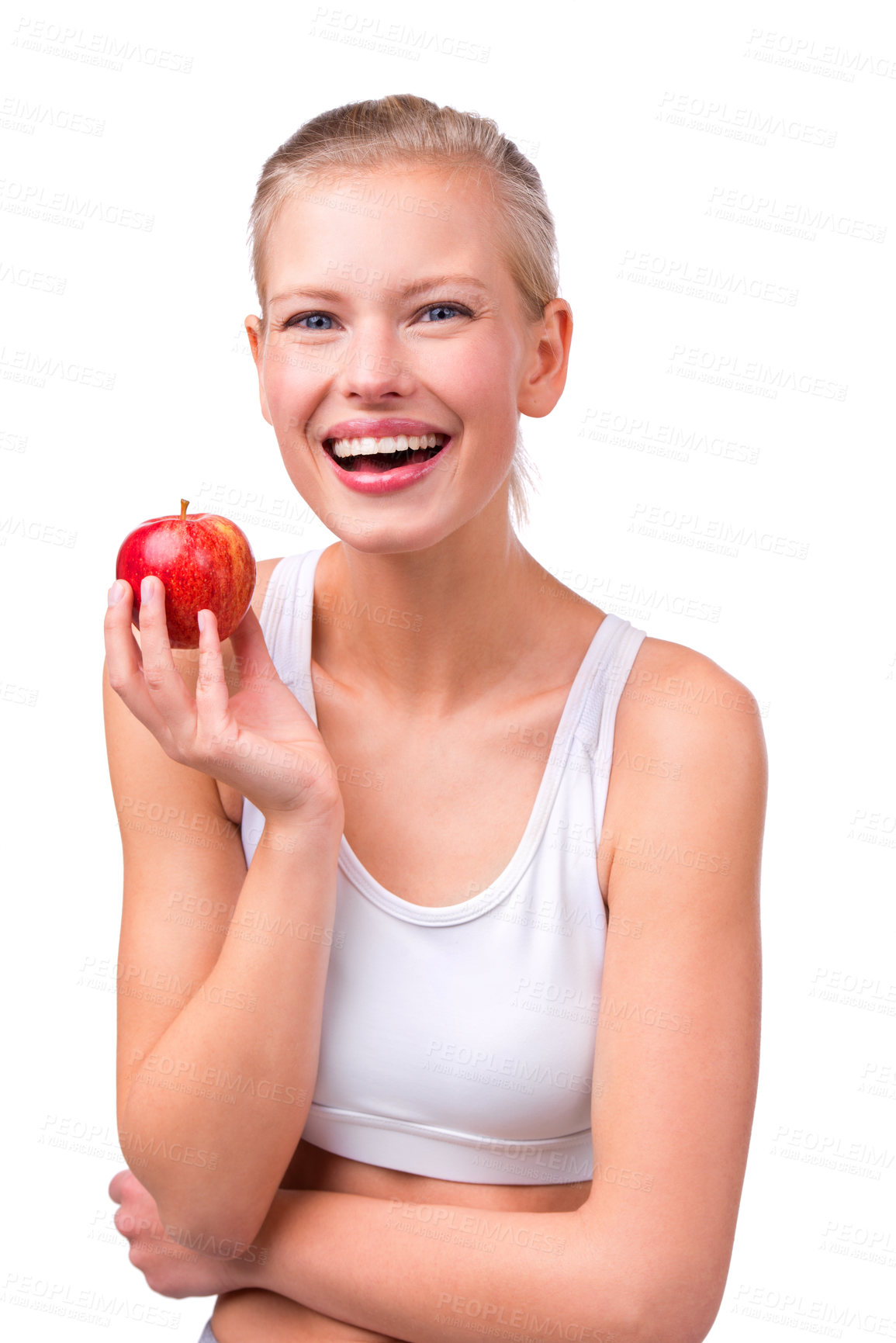 Buy stock photo Portrait of a beautiful young woman holding an apple in her hand