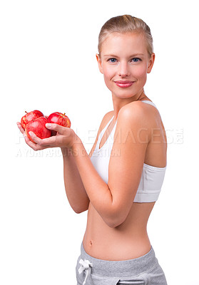 Buy stock photo Happy, portrait and woman with apple for nutrition benefits in diet on white background in studio. Girl, smile and eating fruit for detox of digestion and food with vitamin C and fiber for gut health