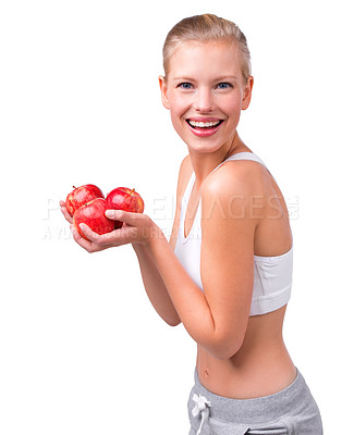 Buy stock photo Apple, nutrition and happy portrait of woman with benefits in diet on white background in studio. Girl, smile and eating fruit for detox of digestion and food with vitamin C and fiber for gut health