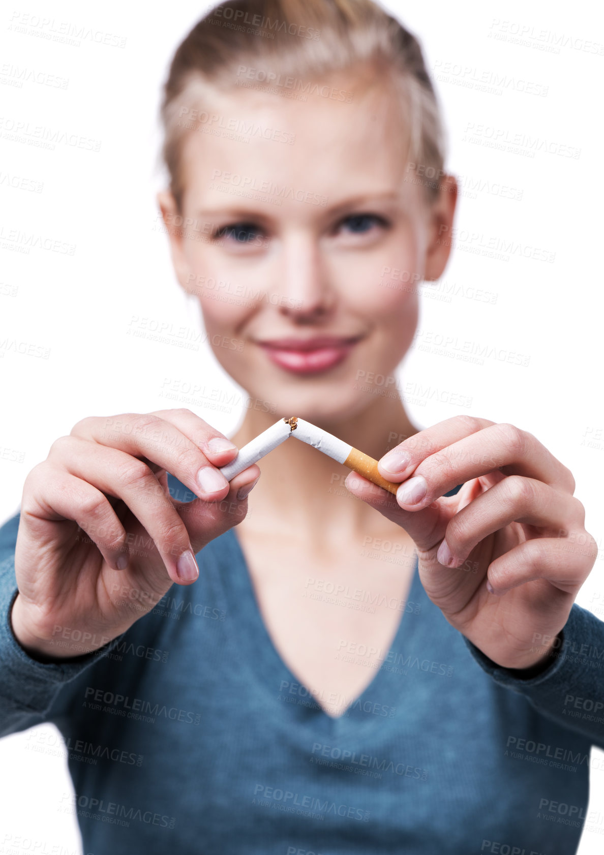 Buy stock photo Studio, portrait and happy woman with broken cigarette to quit tobacco for health, wellness and results. White background, girl and stop smoking for healthcare benefits, commitment and support.