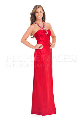 Buy stock photo Classy and portrait of a woman in a red dress for an event isolated on a white background in a studio. Happy, fashion and model in a silk ball gown for a celebration on a studio background
