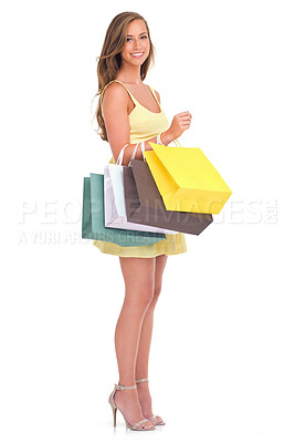 Buy stock photo Portrait, shopping sale with a woman customer in studio isolated on a white background for retail. Sales, fashion and shopping bags with a female inside to shop for a bargain, deal or discount