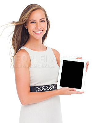 Buy stock photo Face, portrait and woman with tablet mockup in studio isolated on a white background. Marketing, branding and happy female holding touchscreen technology for product placement or advertising space.