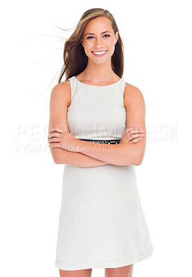Buy stock photo Fashion, classy and business woman in studio with a formal, luxury and fancy dress. Happy, smile and female model from Canada with a stylish, corporate and elegant outfit isolated by white background