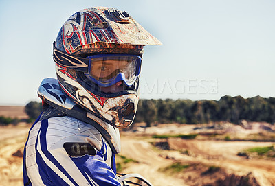 Buy stock photo Portrait of motocross rider looking back