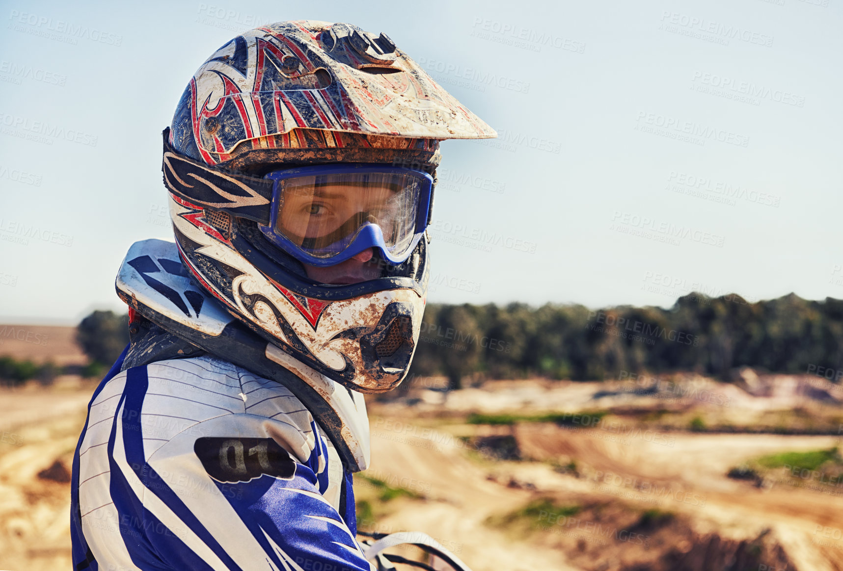 Buy stock photo Portrait of motocross rider looking back