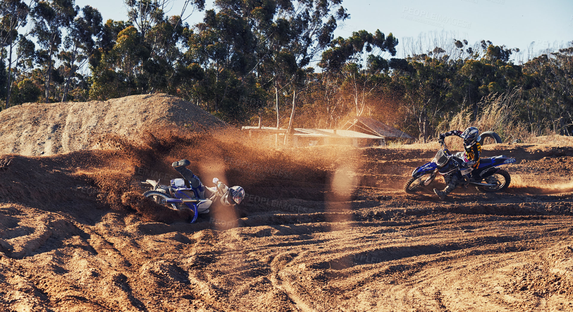 Buy stock photo Sport, motorcycle and people with speed for fitness, competition and challenge on nature path. Action, motorbike and athlete for adventure, performance and helmet in Australia off road track.