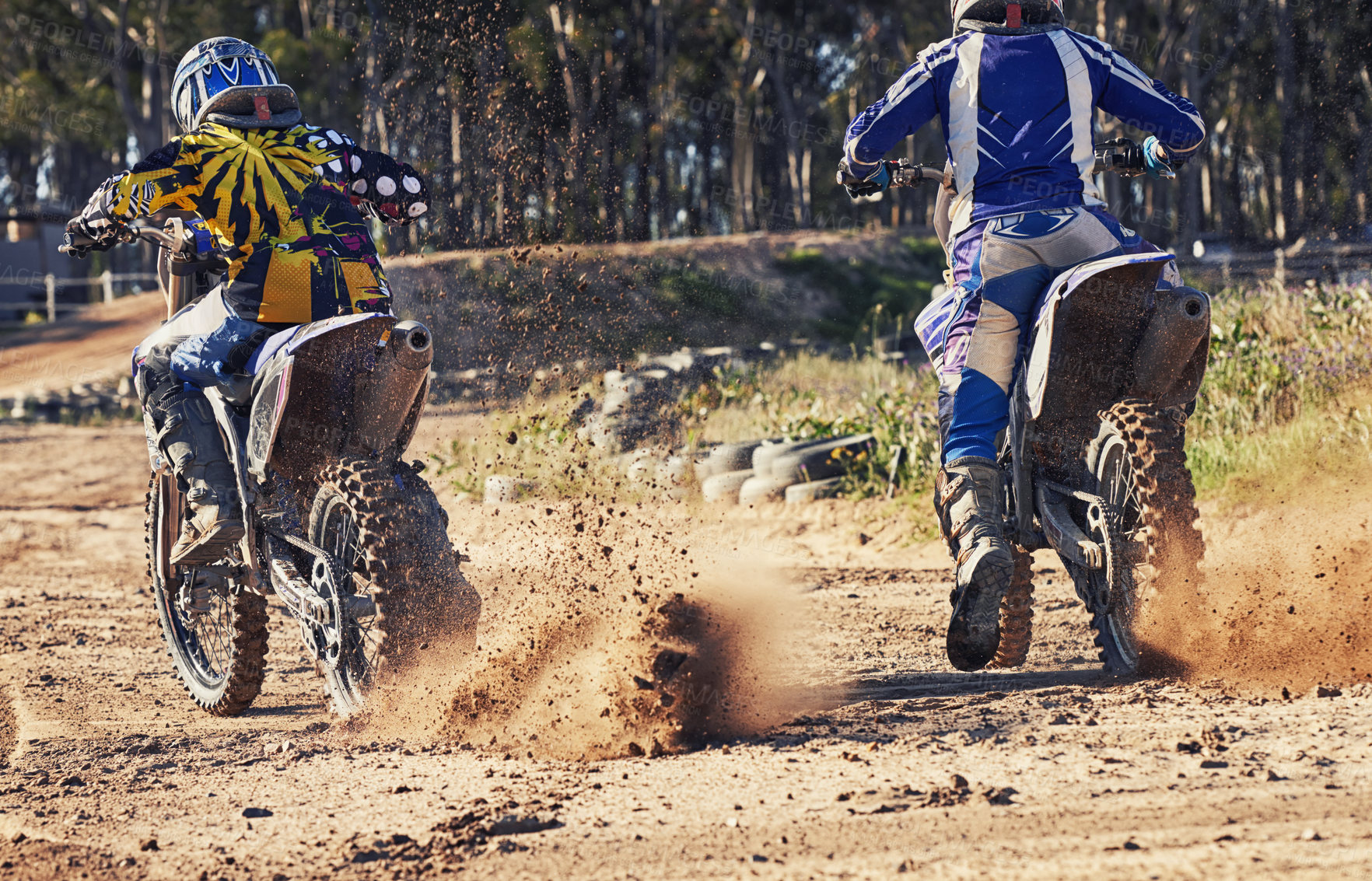 Buy stock photo Sport, racer and motorcycle in action for competition on dirt road with performance, challenge and adventure. Travel, motorbike or dirtbike driver with helmet on offroad course or path for racing