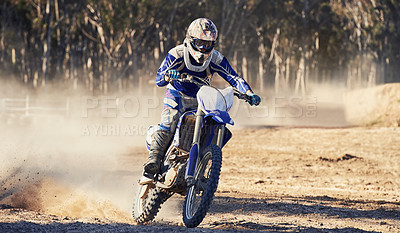 Buy stock photo Motorcycle, action and speed with person riding on dirt track, adrenaline and skill for extreme sports outdoor. Competition, adventure and power with risk, fast with biker on motorbike for race