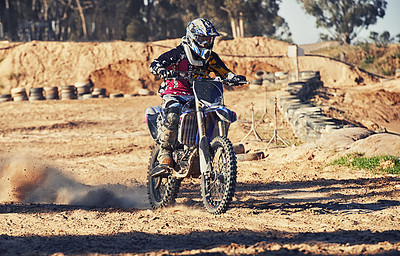 Buy stock photo Motorbike, person and speed with dust cloud for games, contest or challenge in action for extreme sports. Racer, motorcycle and dirt on path, road and trail in nature with fast transport in summer