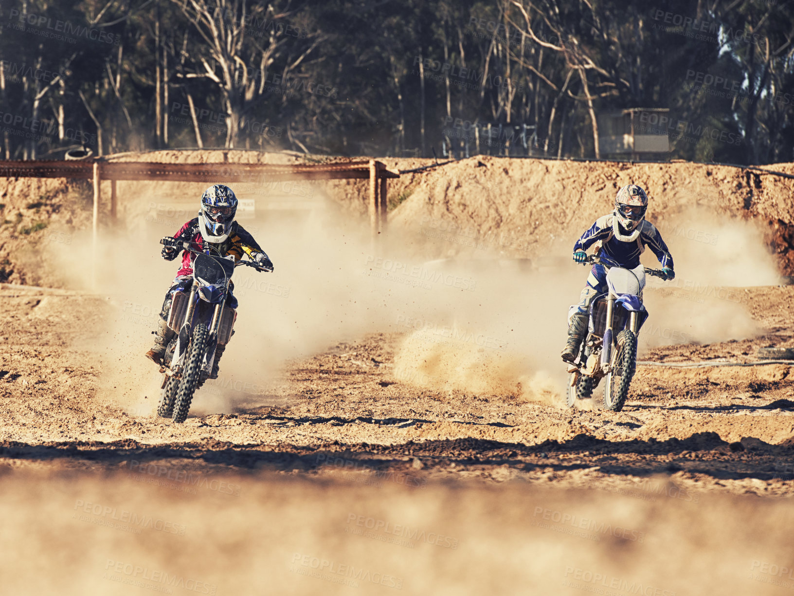 Buy stock photo Sport, racer and motorbike in action for competition on dirt road with performance, challenge and adventure. Motocross, motorcycle and dirtbike driver with helmet on offroad course or path for racing