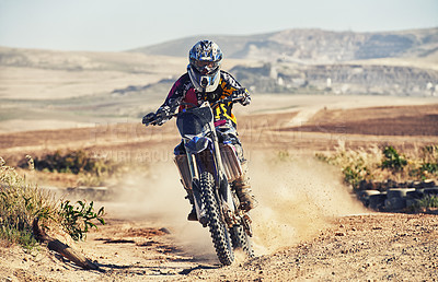 Buy stock photo Person, professional motorcyclist and dirt track for race, extreme sports or outdoor competition. Expert rider on motorbike or scrambler for sand course, challenge or off road rally in nature dunes