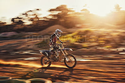 Buy stock photo Motion blur, race and man on dirt bike with adventure, adrenaline and speed in competition, Extreme sport, dust path and athlete on off road motorcycle for challenge, power or danger on fast course