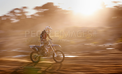 Buy stock photo Motion blur, race and man on off road motorbike with adventure, adrenaline and speed in competition, Extreme sport, sunset and athlete on dirt bike for challenge, power or danger on action course