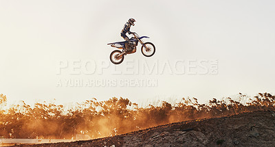 Buy stock photo Person, jump and professional motorcyclist on mockup in the air for trick, stunt or ramp on outdoor dirt track. Expert rider on motorbike with lift off for extreme sports or rally challenge in nature